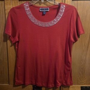 Karen Scott Ruby Short Sleeve Top with Embellished Neckline